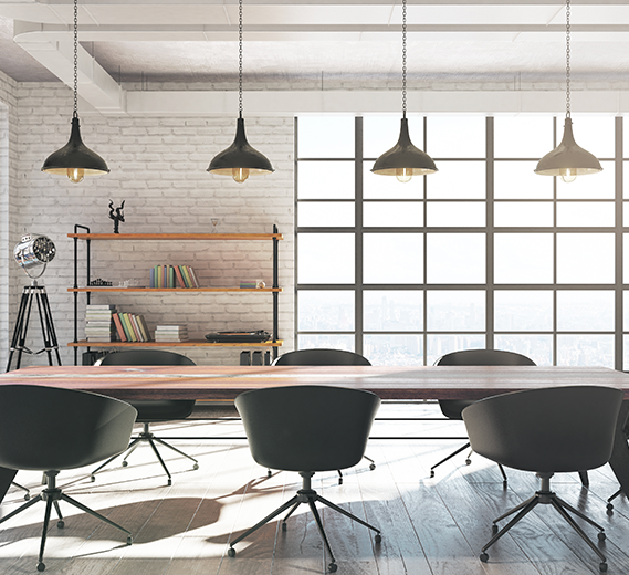 Clean office conference room with tables and chairs